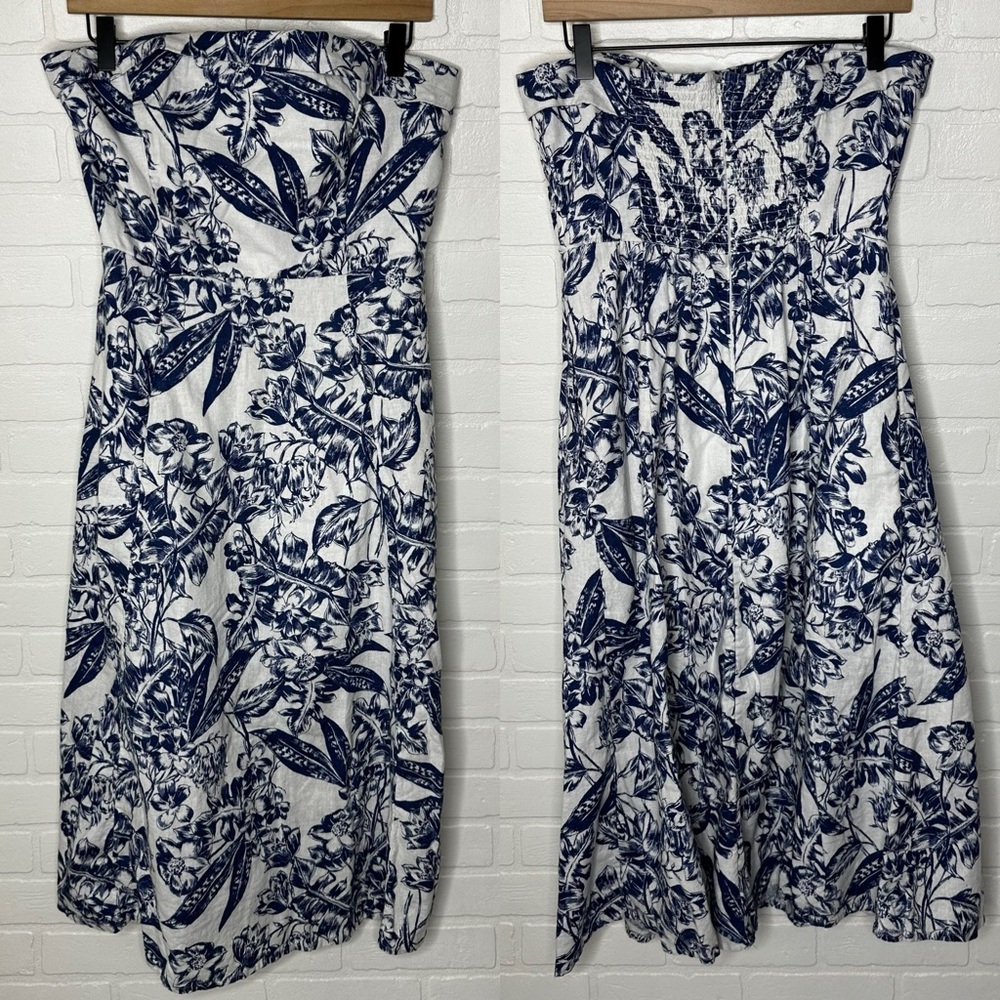 Abercrombie & Fitch White Strapless Midi Dress with Blue Floral Print - Picture 3 of 10